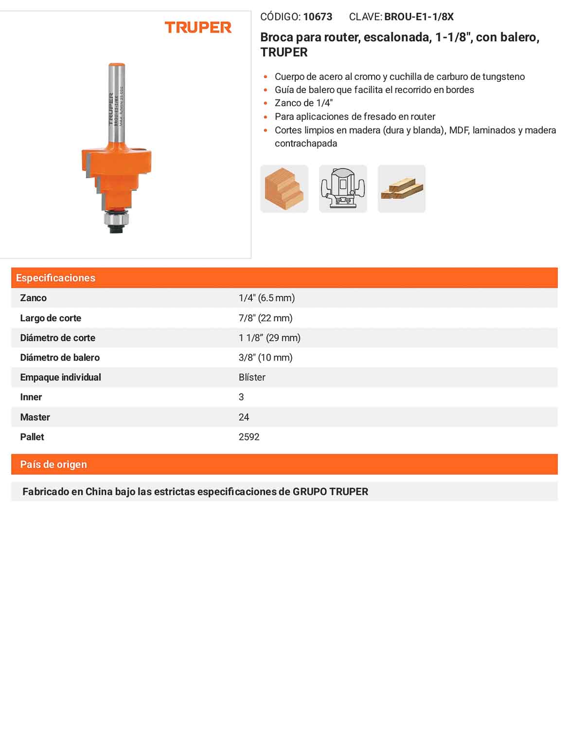 Broca para router escalonada 1-1/8" con balero