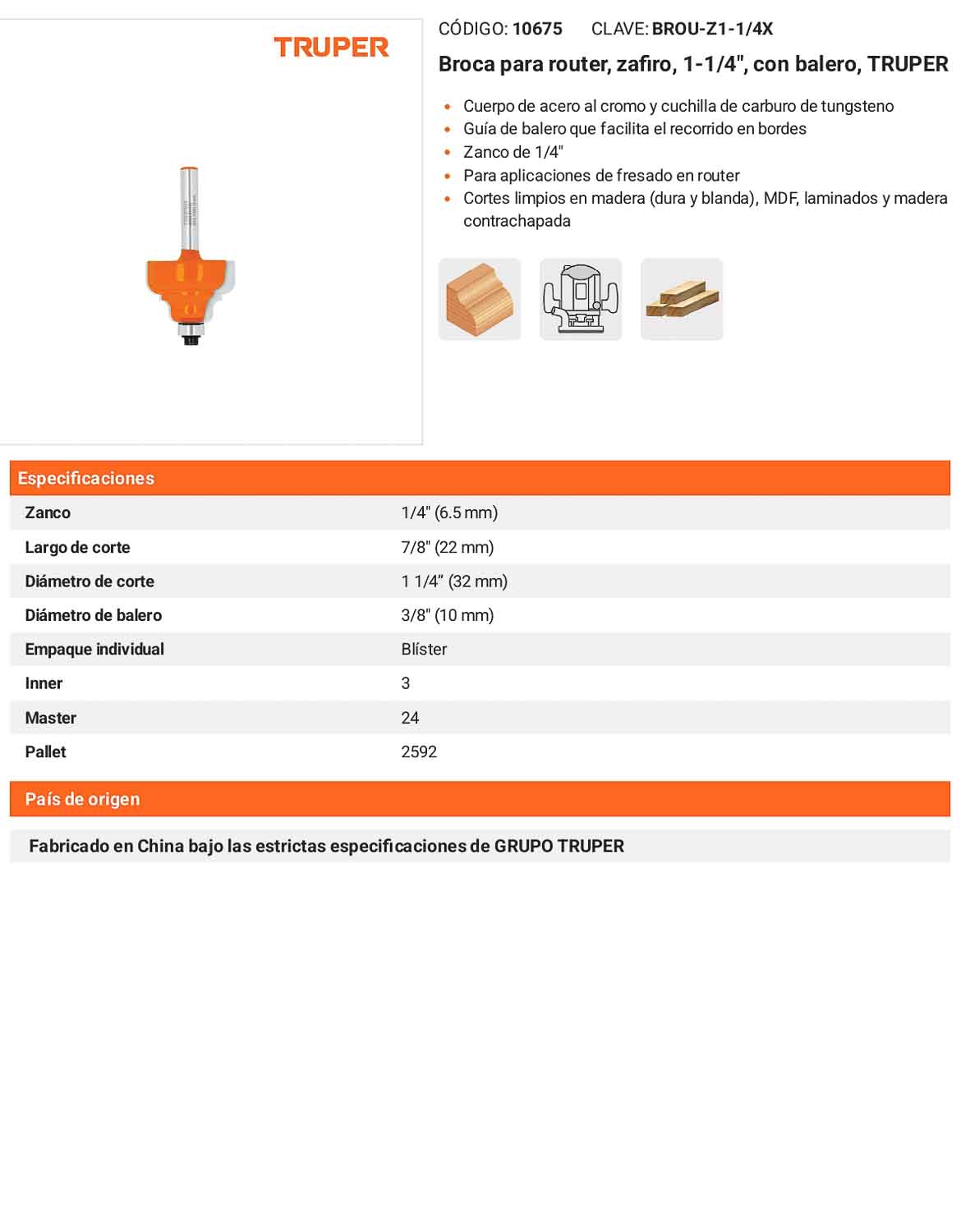 Broca para router zafiro 1-1/4" con balero