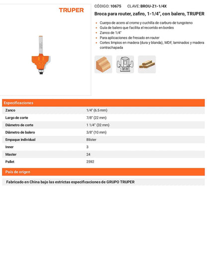 Broca para router zafiro 1-1/4" con balero