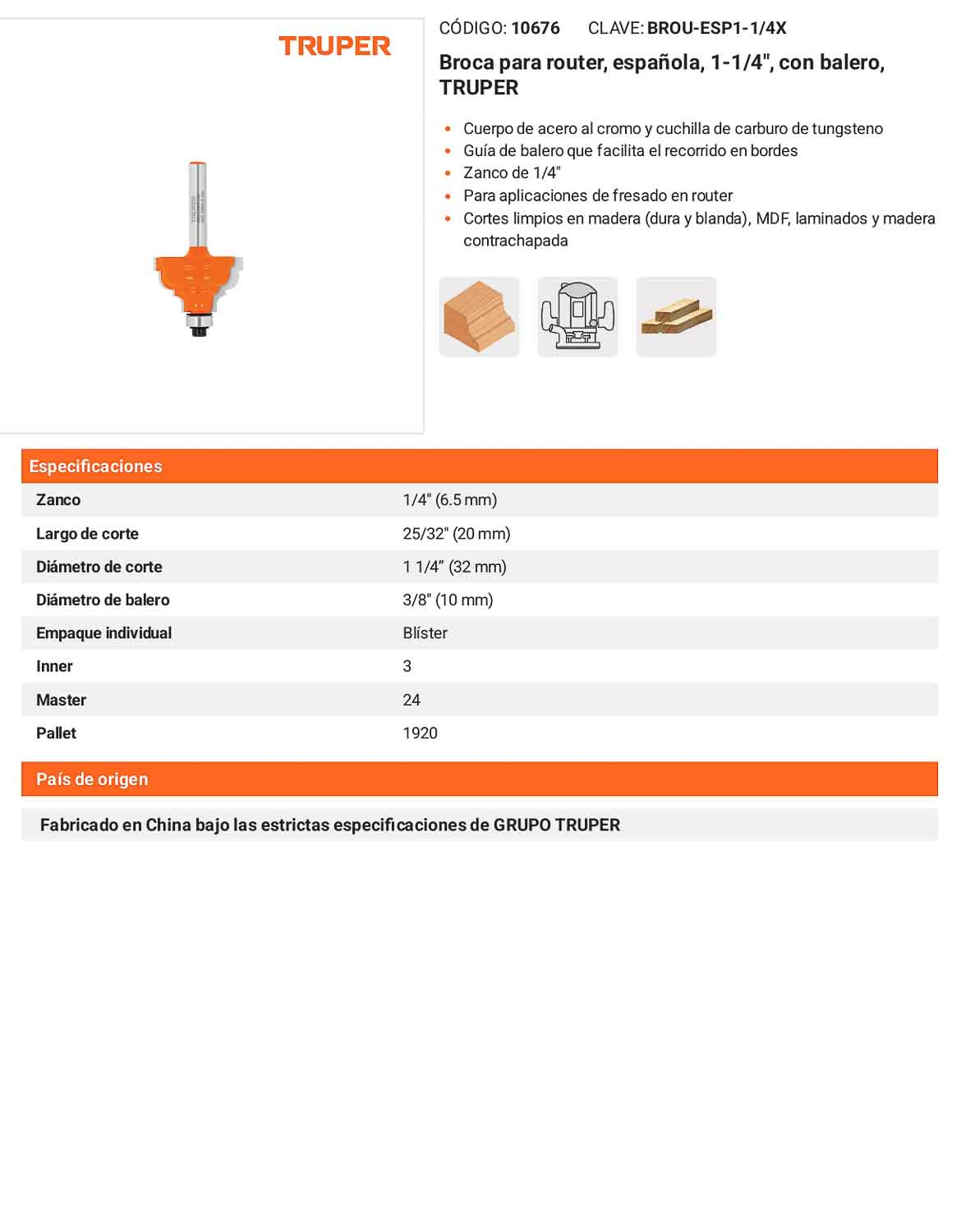 Broca para router española 1-1/4" con balero