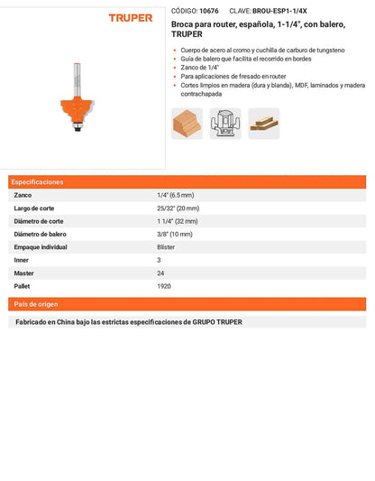 Broca para router española 1-1/4" con balero
