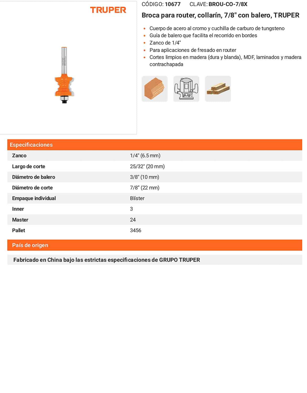 Broca para router collarín 7/8" con balero
