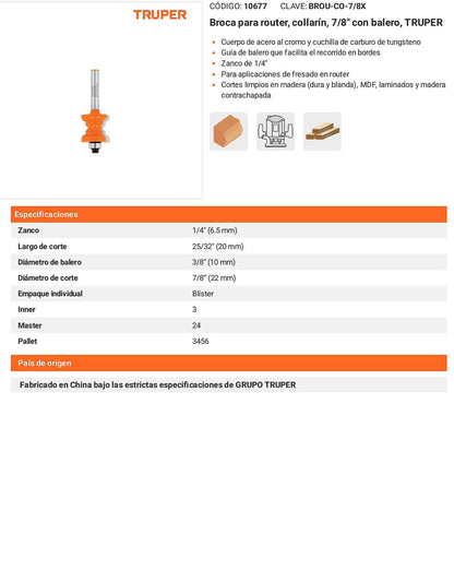 Broca para router collarín 7/8" con balero