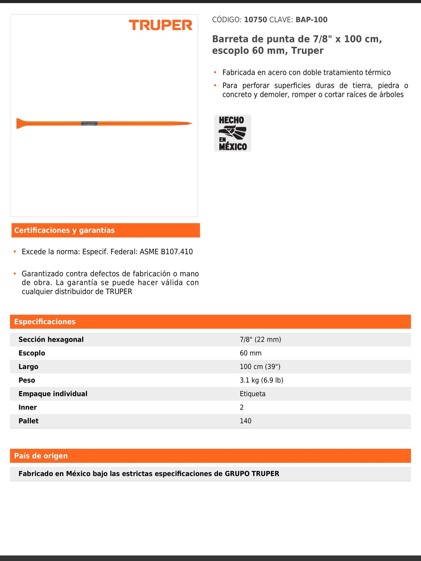 Barreta de punta de 7/8 in y 100 cm con escoplo de 60 mm