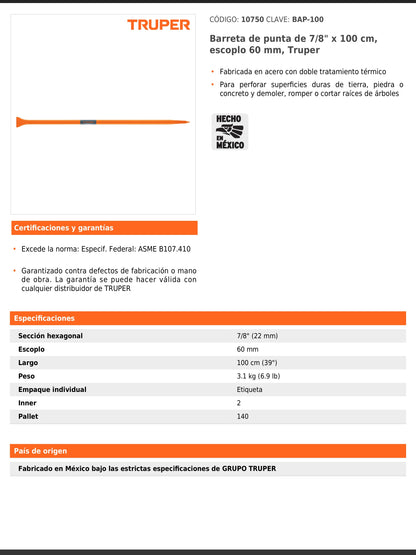 Barreta de punta de 7/8 in y 100 cm con escoplo de 60 mm