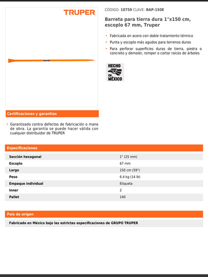 Barreta para tierra dura de 1 in y 150 cm con escoplo de 67 mm