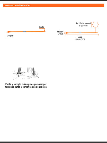 Barreta para tierra dura de 1 in y 150 cm con escoplo de 67 mm