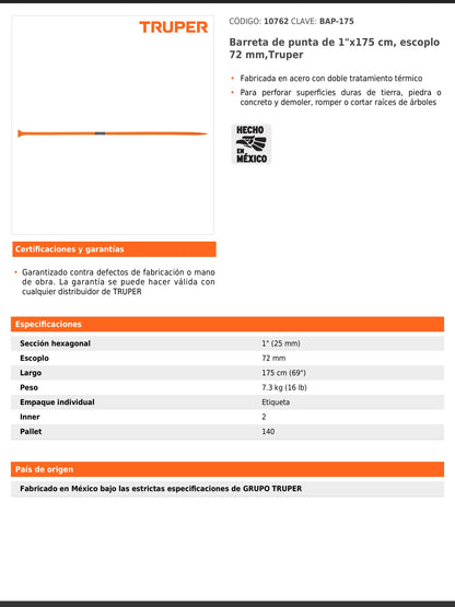 Barreta de punta de 1 in y 175 cm con escoplo de 72 mm