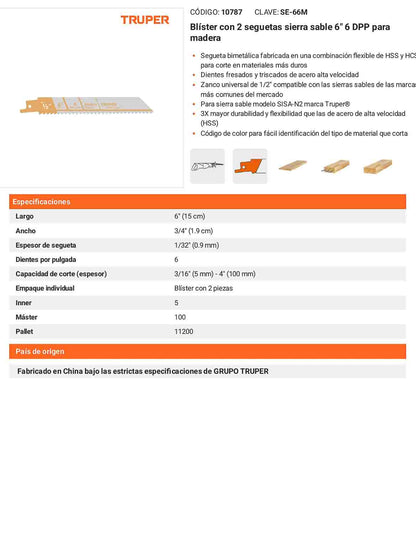 Blíster con 2 seguetas sierra sable 6pulg