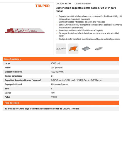 Blíster con 2 seguetas sierra sable 6pulg