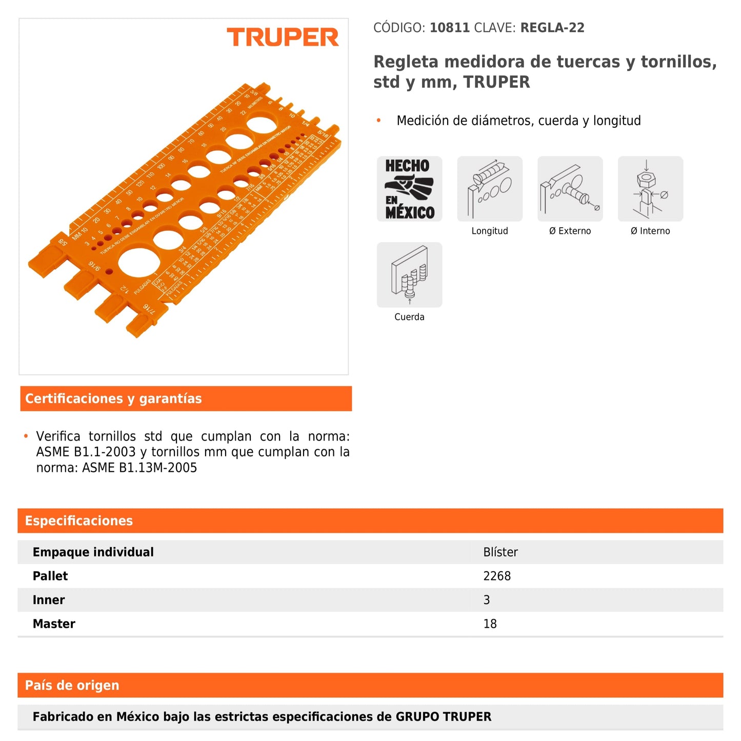 Regleta Medidora de Tuercas y Tornillos, 22 cm