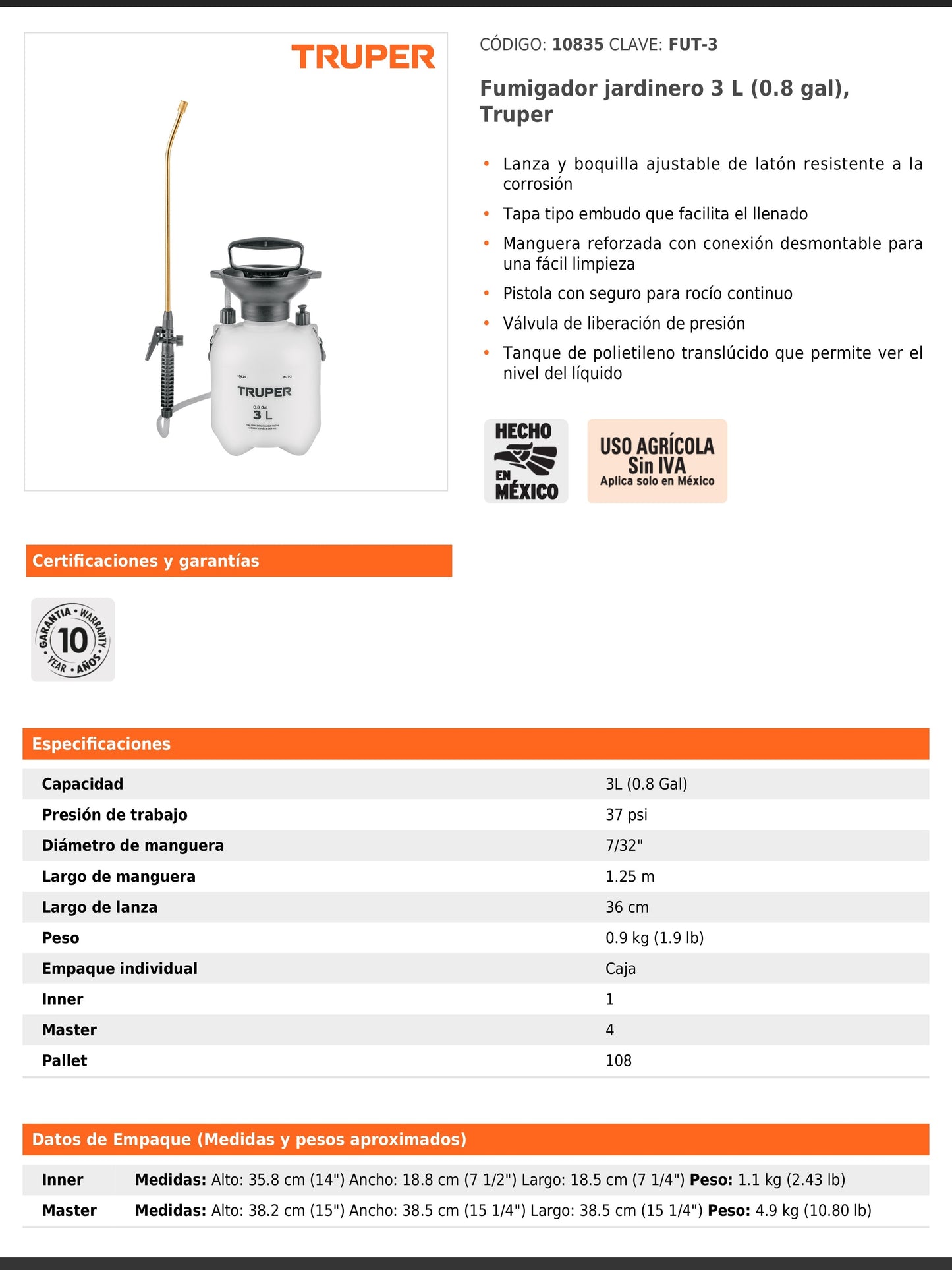 Fumigador jardinero de 3 litros con lanza y boquilla ajustable