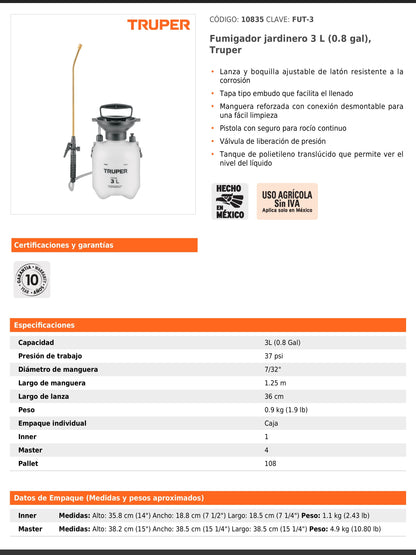 Fumigador jardinero de 3 litros con lanza y boquilla ajustable