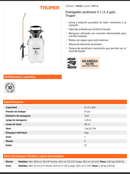 Fumigador jardinero de 5 litros con lanza y boquilla ajustable