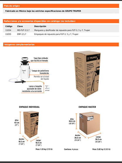 Fumigador jardinero de 5 litros con lanza y boquilla ajustable