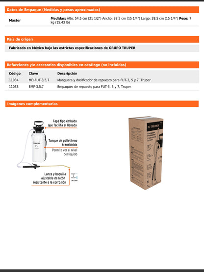 Fumigador jardinero de 7 L con lanza y boquilla ajustable