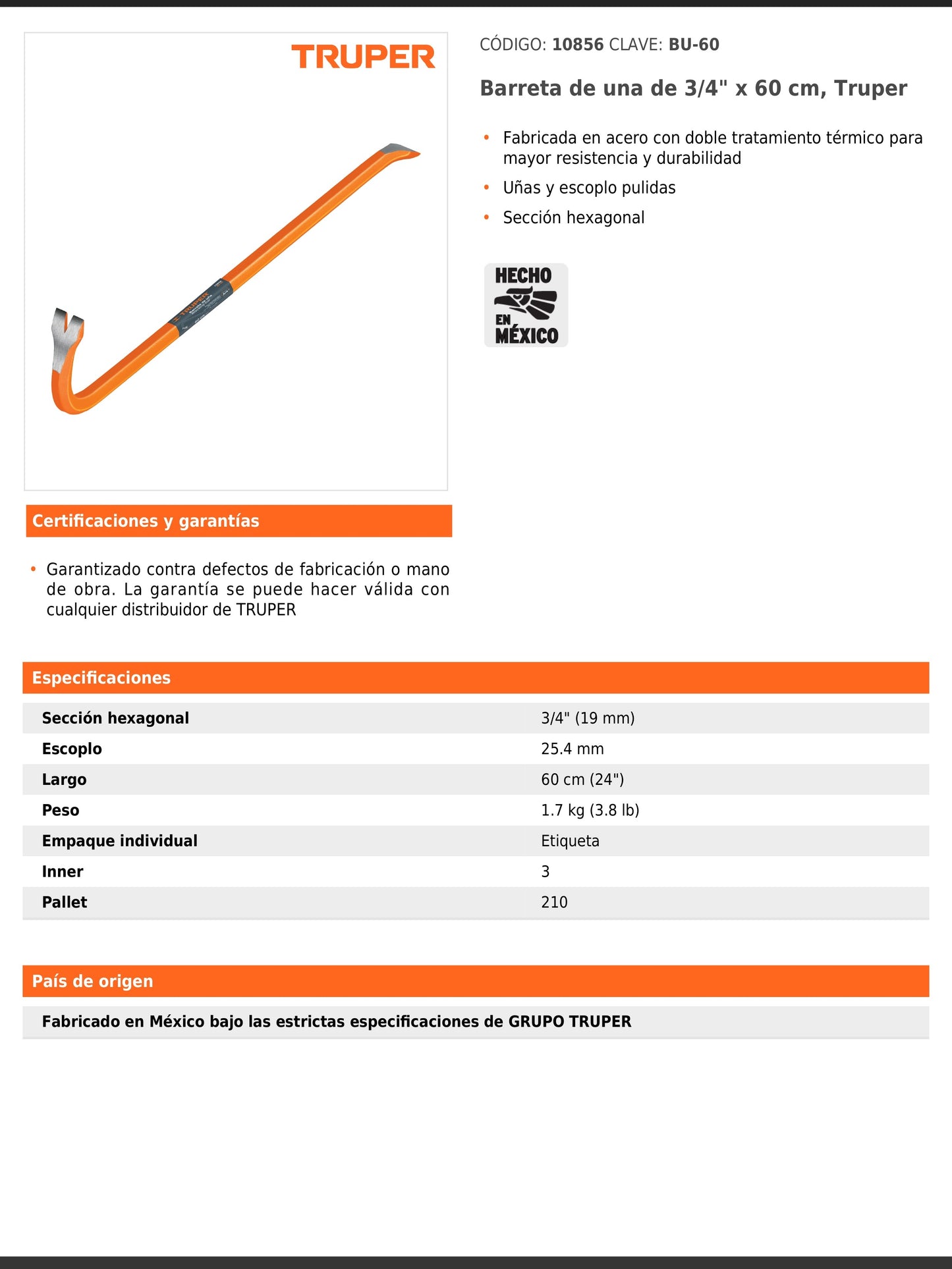 Barreta de uña de 3/4 in y 60 cm con sección hexagonal