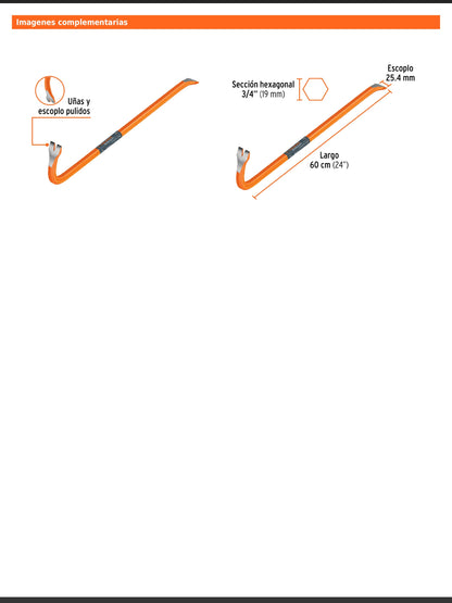 Barreta de uña de 3/4 in y 60 cm con sección hexagonal