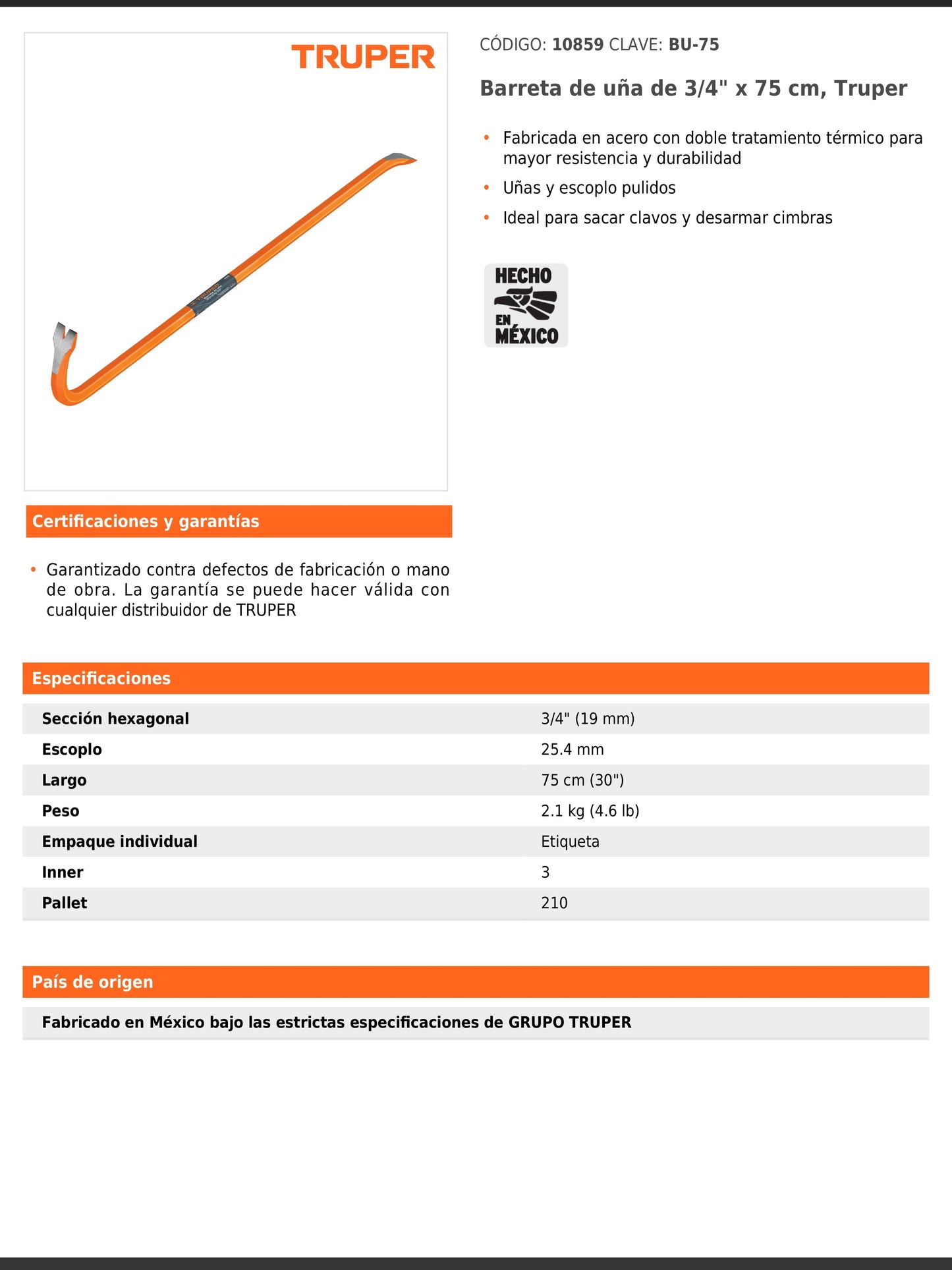 Barreta de uña de 3/4 in y 75 cm ideal para sacar clavos y desarmar cimbras