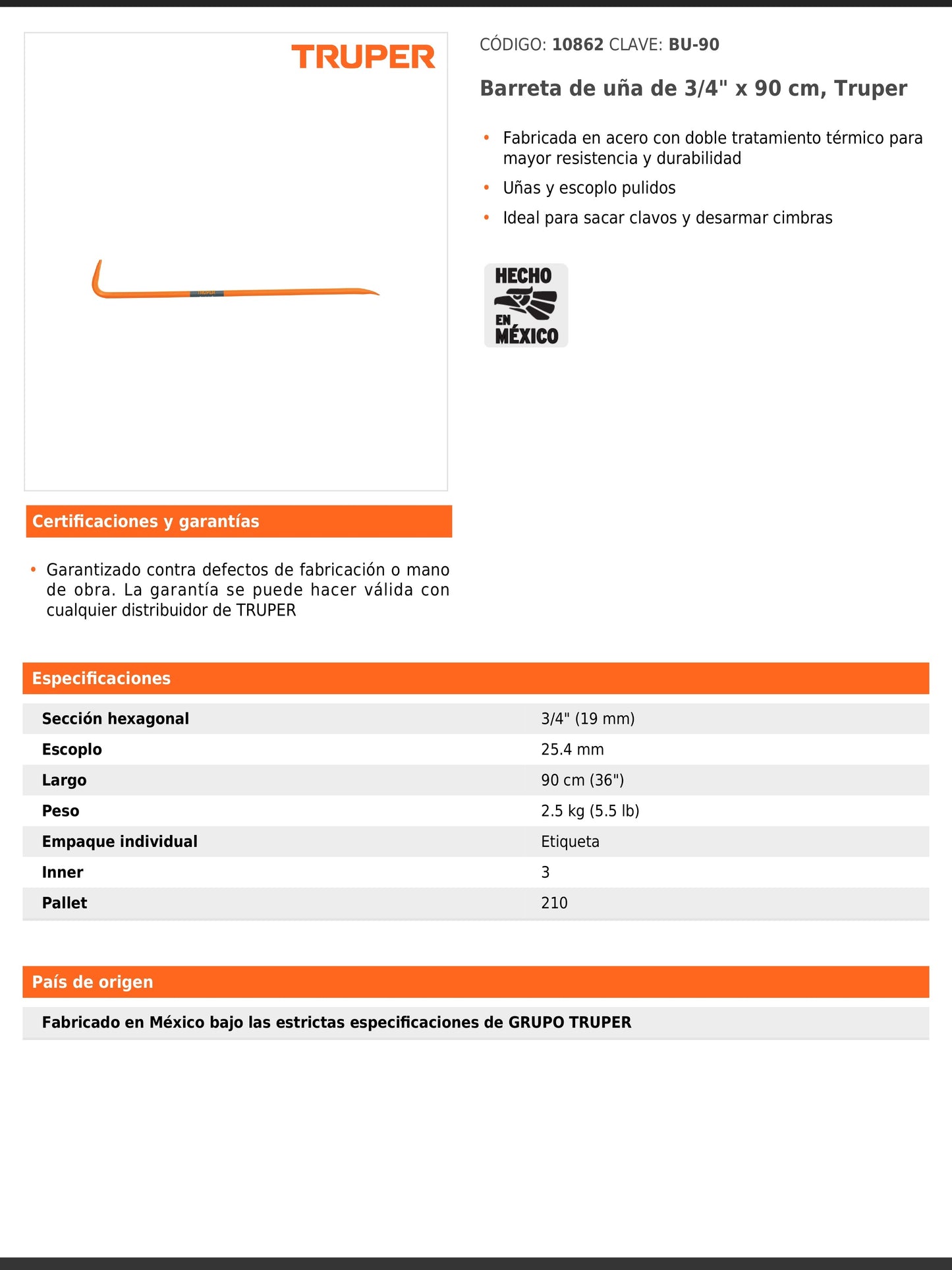 Barreta de uña de 3/4 in y 90 cm ideal para sacar clavos y desarmar cimbras