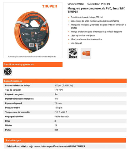 Manguera PVC compresor 5 m 3/8 pulg