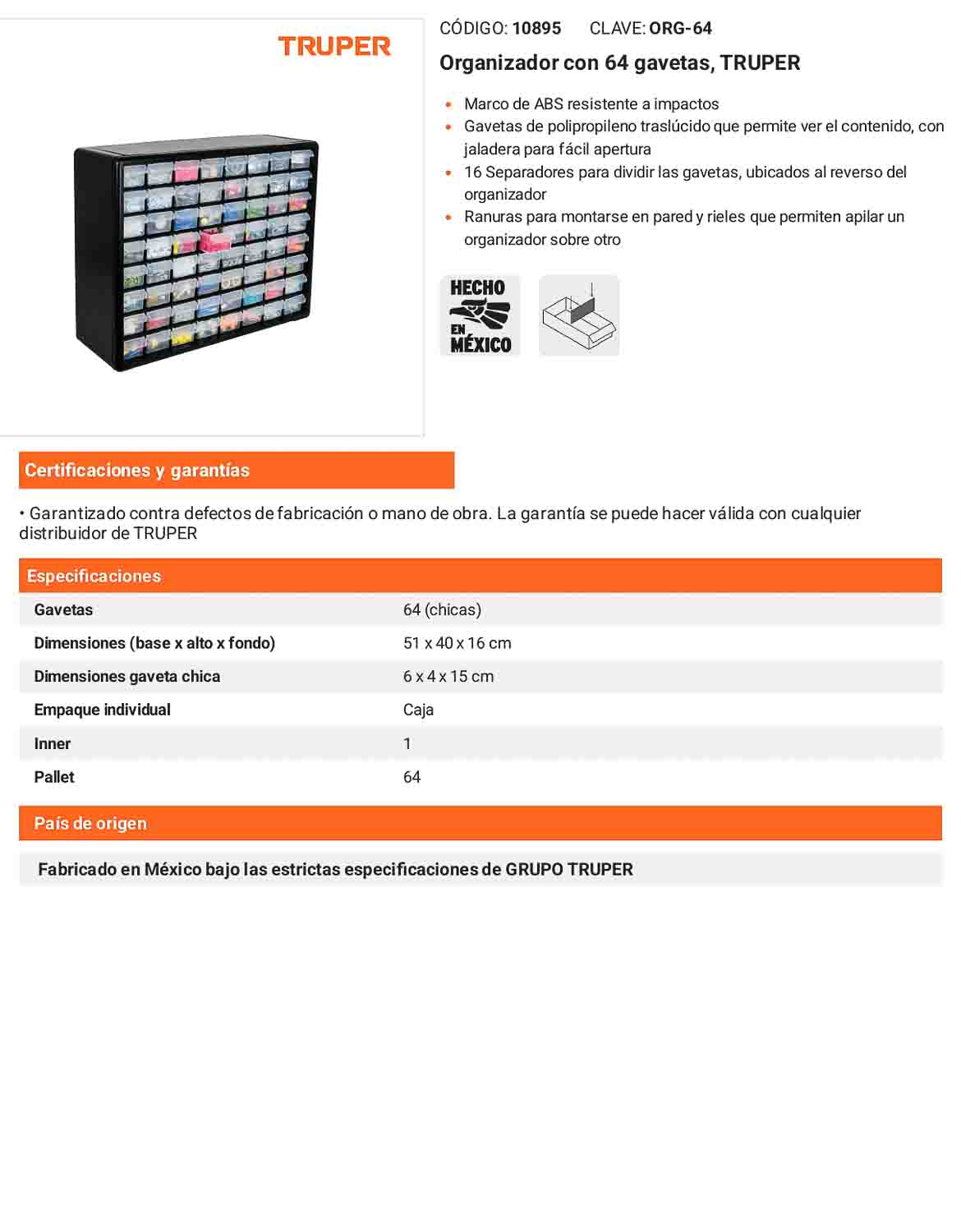 Organizador con 64 gavetas Marco de ABS