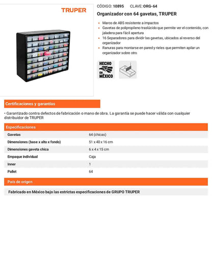 Organizador con 64 gavetas Marco de ABS