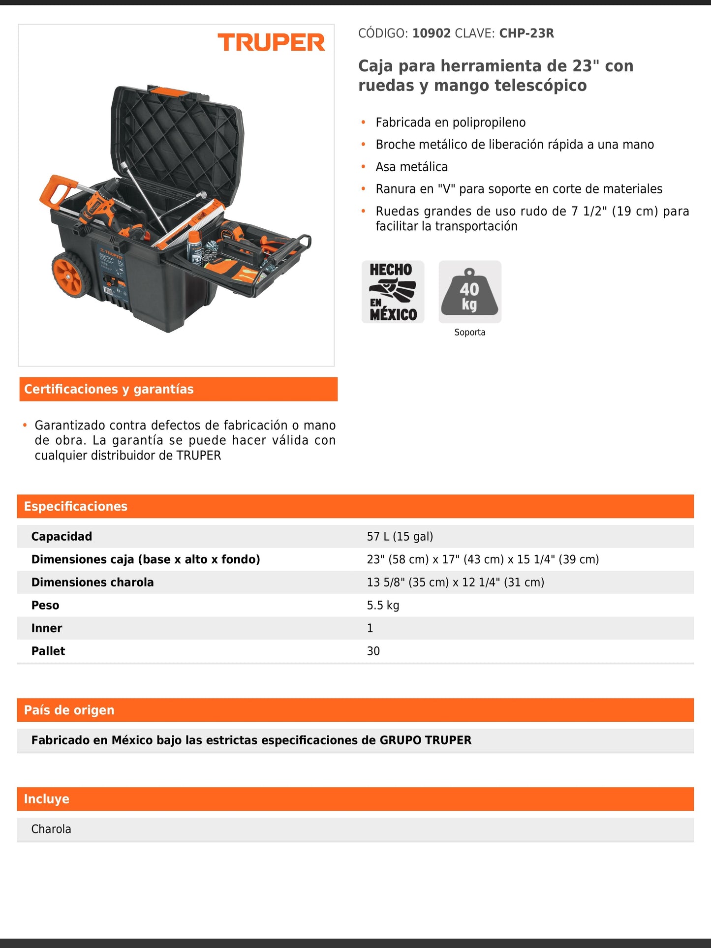 Caja para herramienta de 58 cm con ruedas y mango telescópico