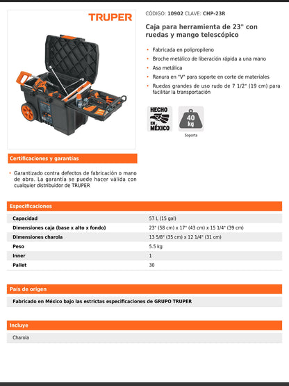 Caja para herramienta de 58 cm con ruedas y mango telescópico