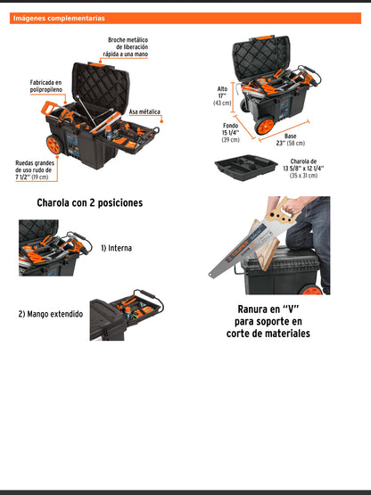 Caja para herramienta de 58 cm con ruedas y mango telescópico