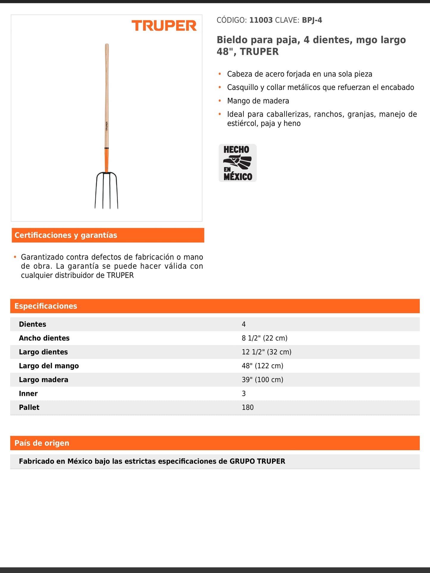 Bieldo para paja de 4 dientes con mango largo de 122 cm