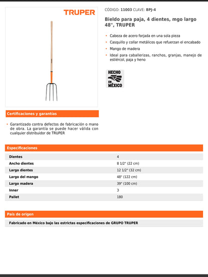 Bieldo para paja de 4 dientes con mango largo de 122 cm