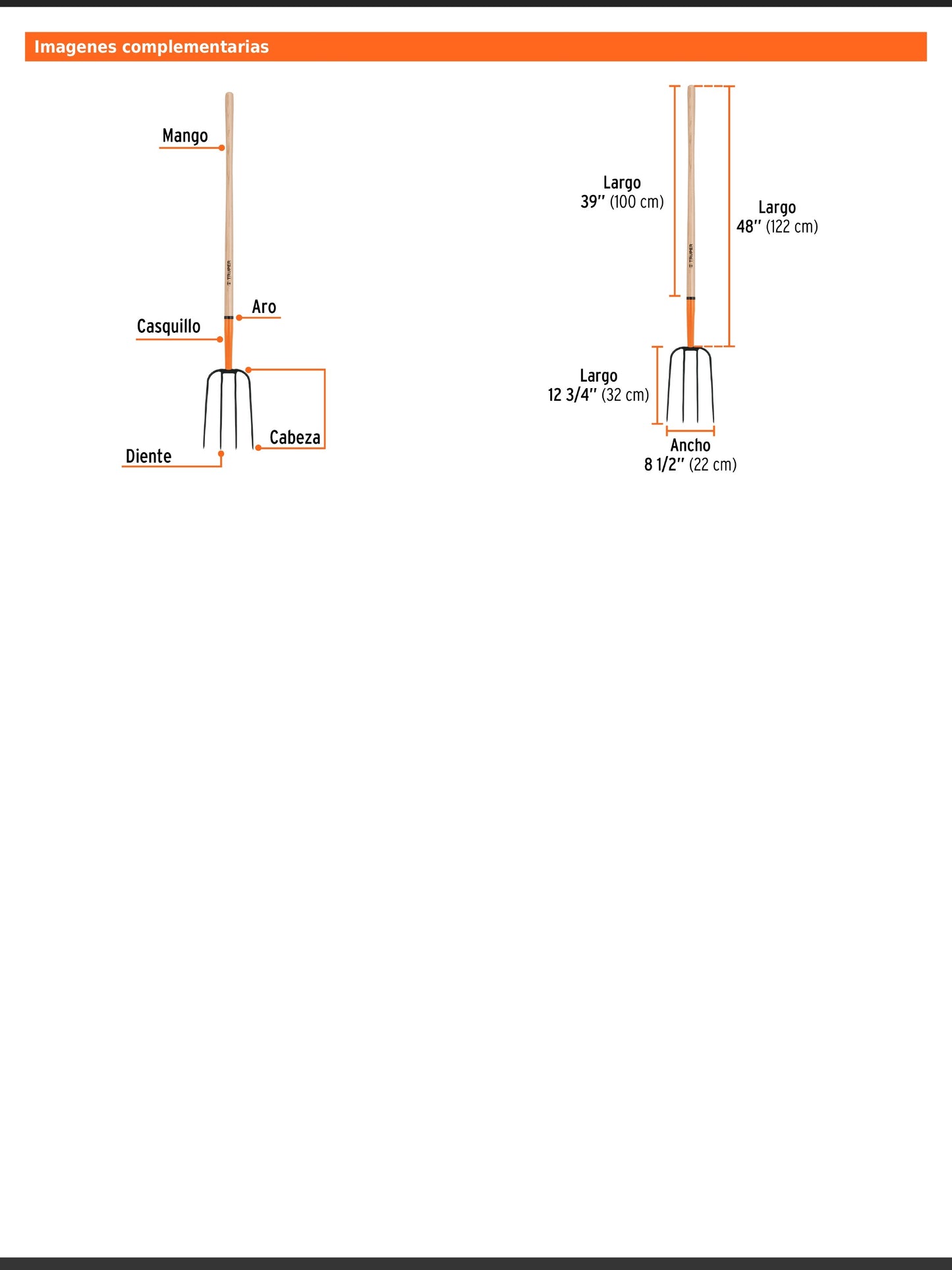 Bieldo para paja de 4 dientes con mango largo de 122 cm