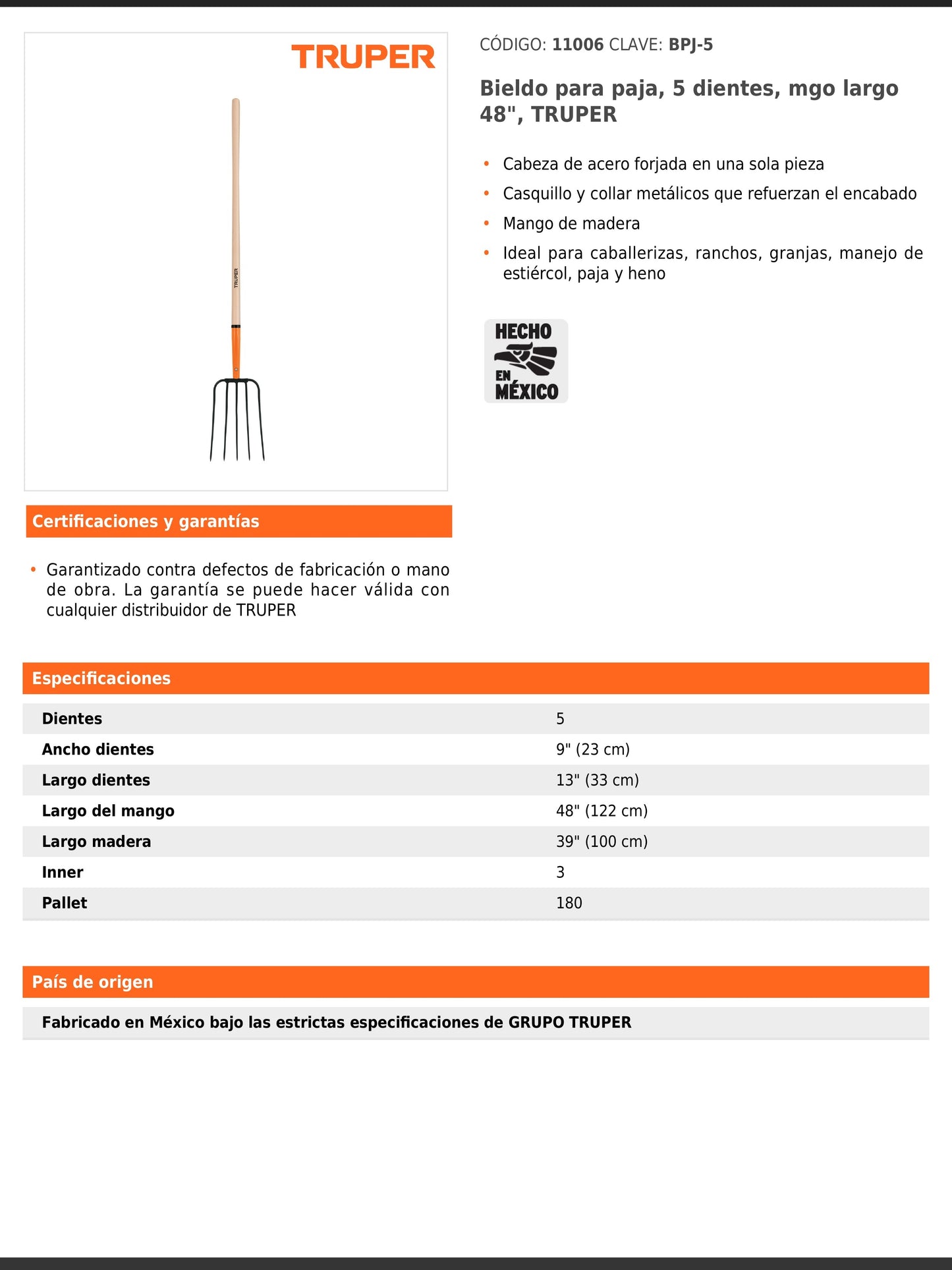 Bieldo para paja de 5 dientes con mango largo de 122 cm