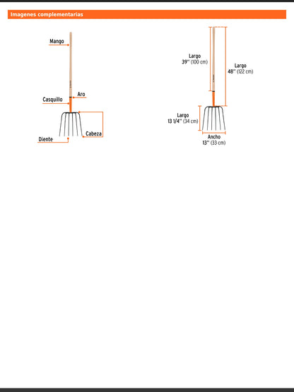 Bieldo para paja de 6 dientes con mango largo de 122 cm