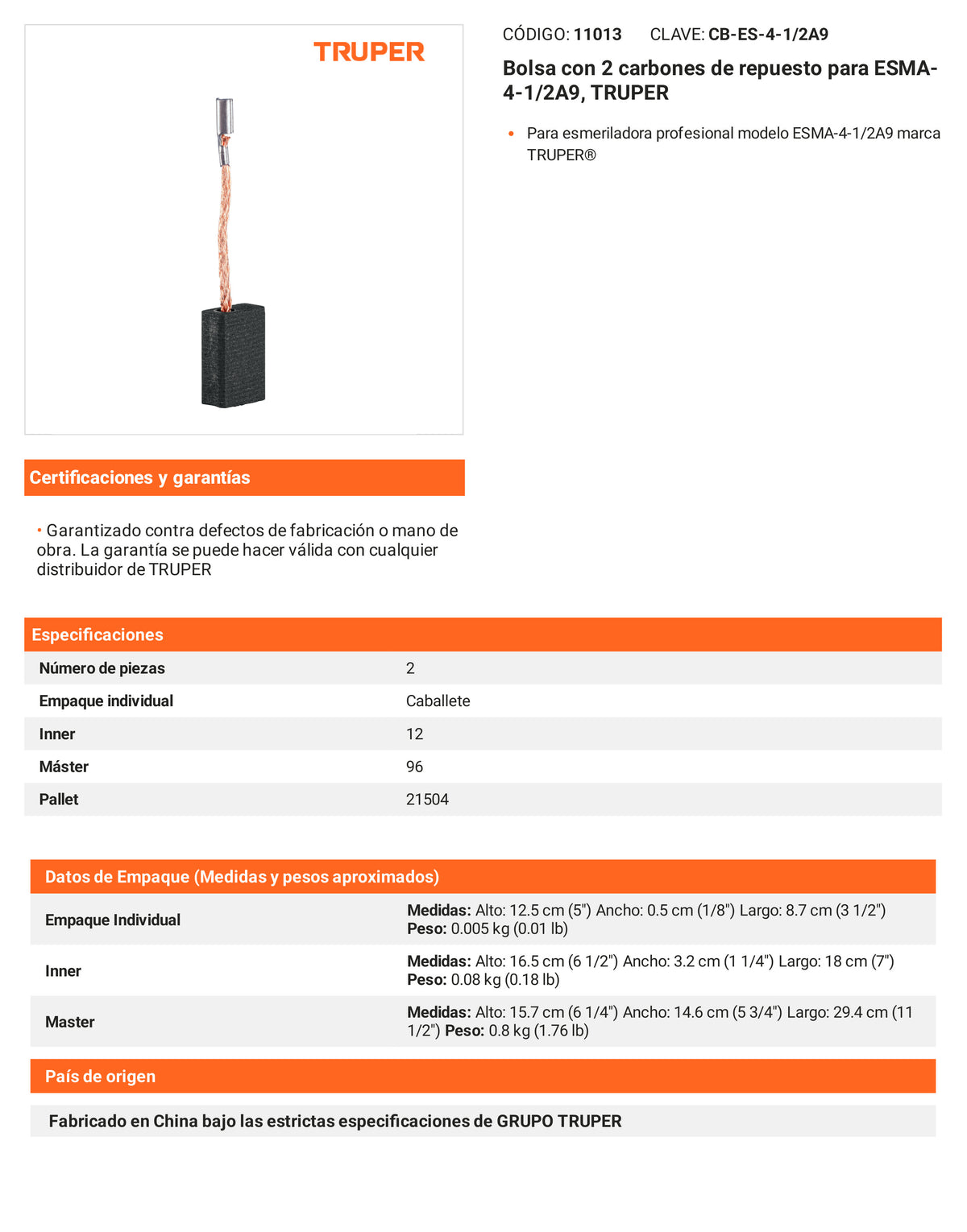 Ficha tecnica - 2 carbones para ESMA-4-1/2A9 - SKU 11013
