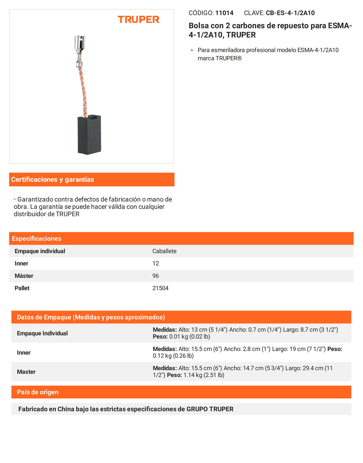 Ficha tecnica - 2 carbones para ESMA-4-1/2A10 - SKU 11014
