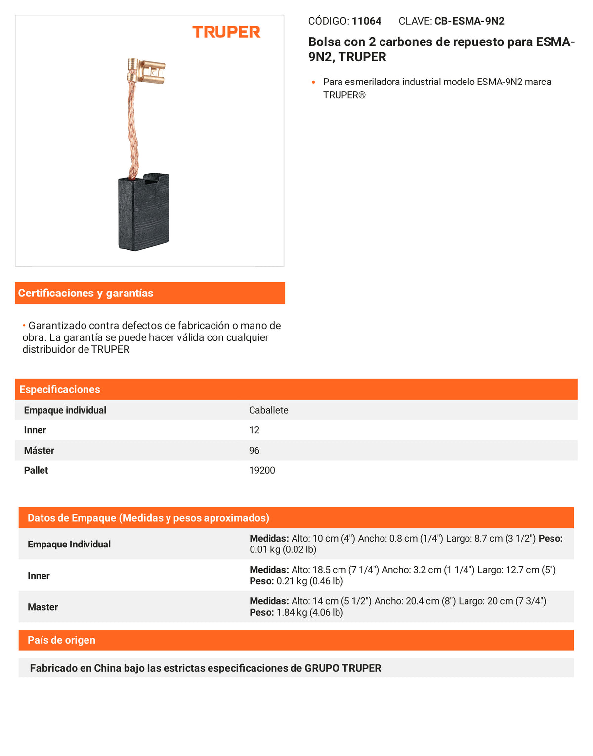 Ficha tecnica - 2 carbones para ESMA-9N2 - SKU 11064