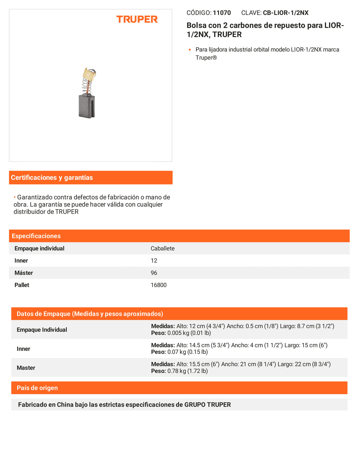 Ficha tecnica - 2 carbones para LIOR-1/2NX - SKU 11070