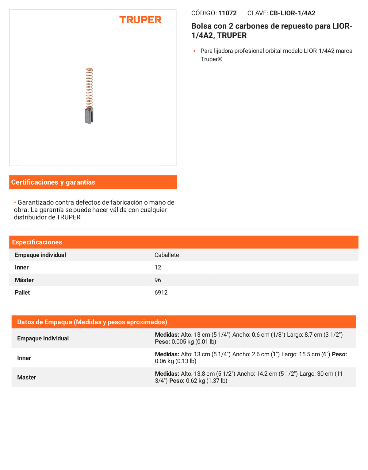 Ficha tecnica - 2 carbones para LIOR-1/4A2 - SKU 11072