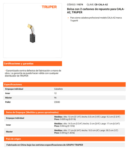 Ficha tecnica - 2 carbones para CALA-A2 - SKU 11074