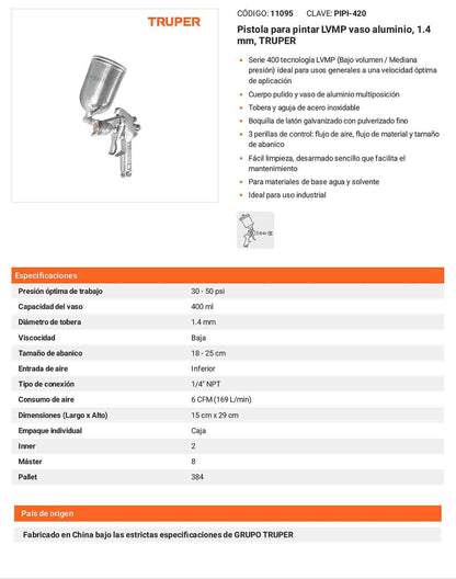 Pistola pintar LVMP 1.4 mm vaso aluminio