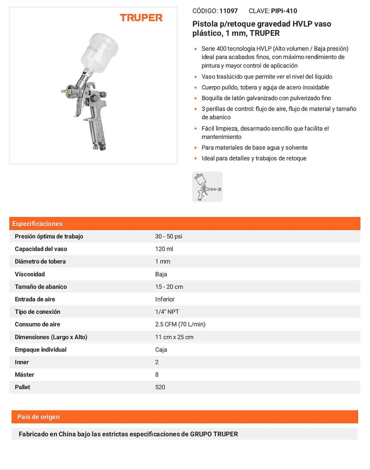Pistola retoque gravedad HVLP 1 mm