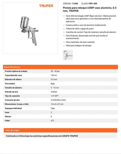 Pistola retoque LVMP 0.5 mm vaso aluminio