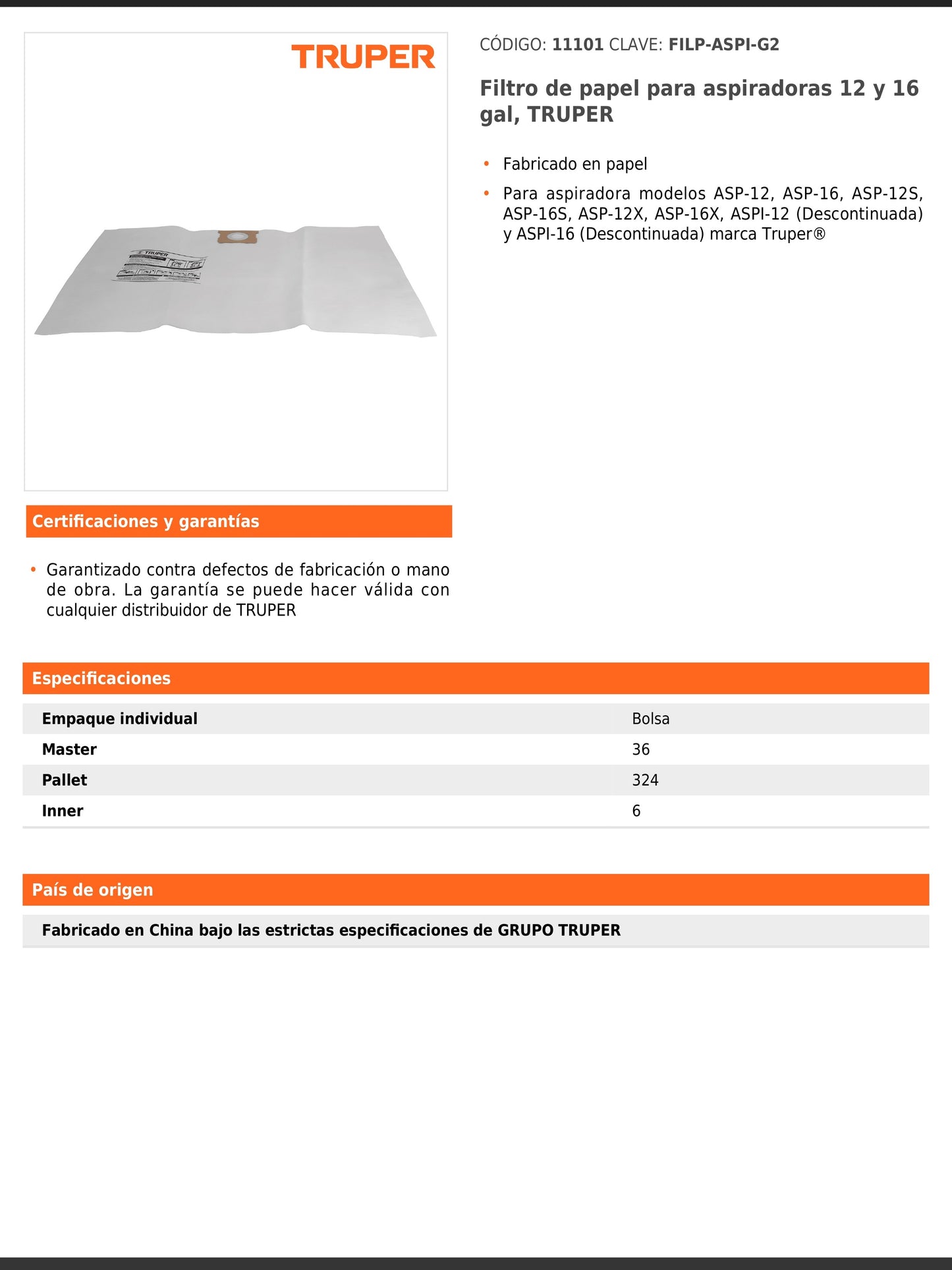 Filtro de papel para aspiradoras de 12 y 16 gal