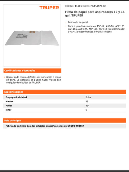 Filtro de papel para aspiradoras de 12 y 16 gal