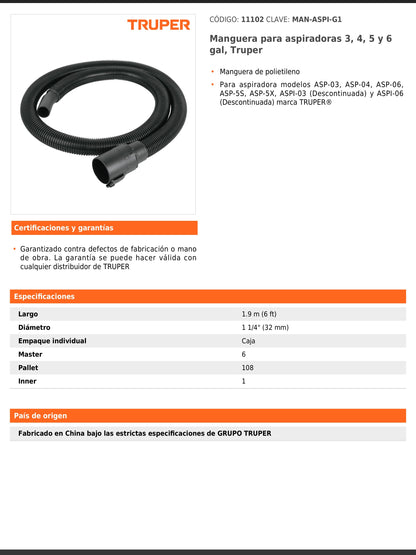 Manguera para aspiradoras de 3, 4, 5 y 6 gal