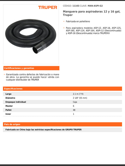 Manguera para aspiradoras de 12 y 16 gal