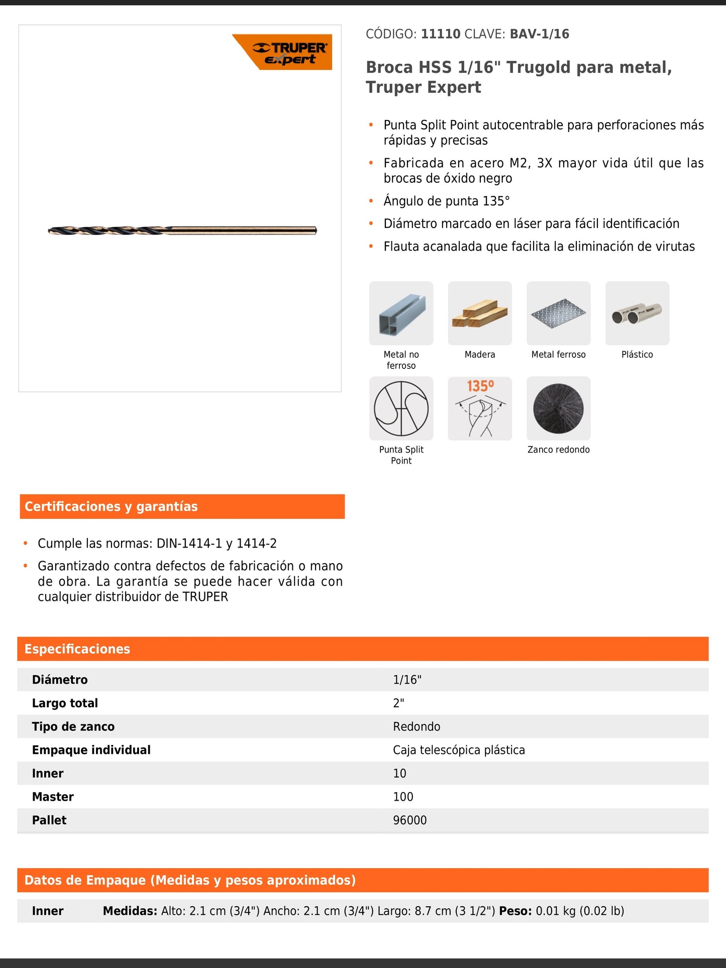 Broca HSS de 1/16 in con punta Split Point