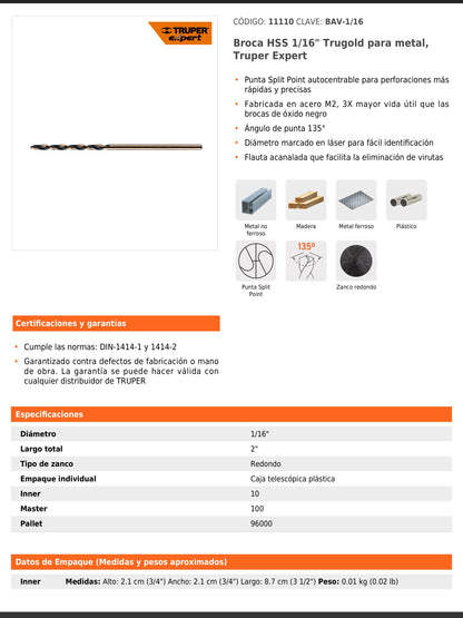 Broca HSS de 1/16 in con punta Split Point